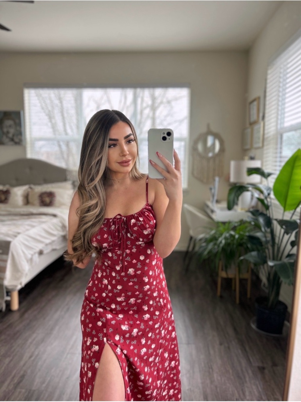 Long Red Floral Dress with Slit Medium Women’s